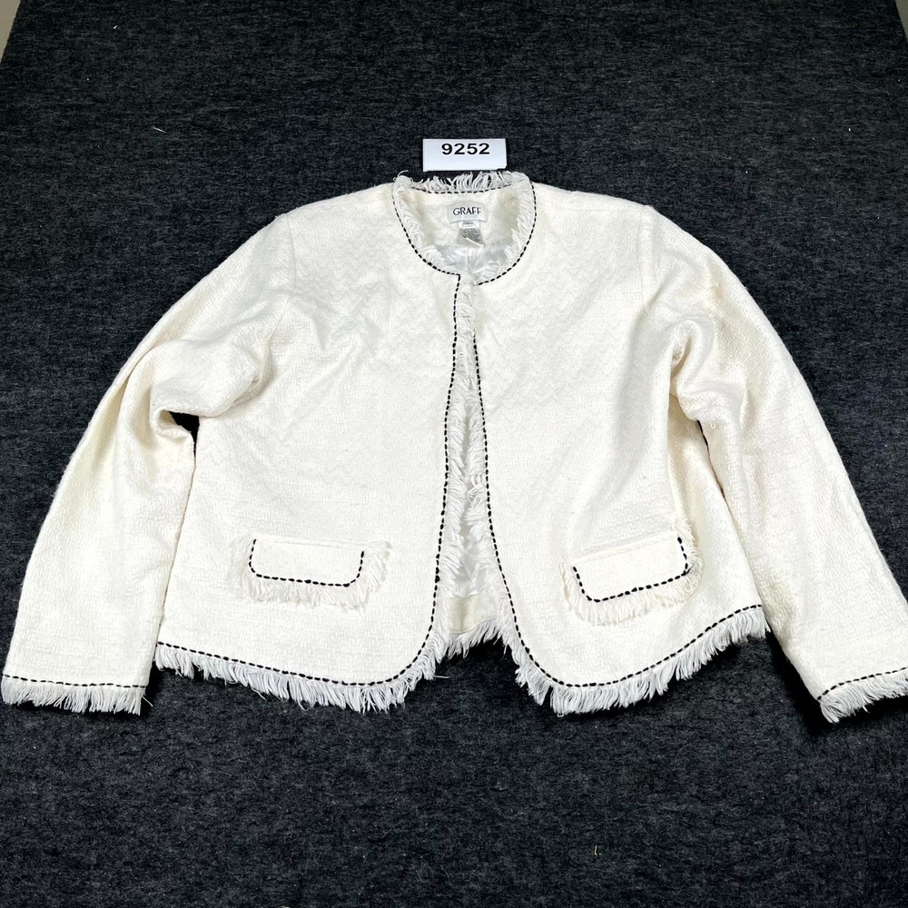 GRAFF Fringed Tweed Jacket Womens Large Cream Acrylic Open Front Winter Outdoor